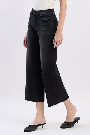 VERVET HIGH RISE RAW HEM CROP SLIM WIDE JEANS--BLACK