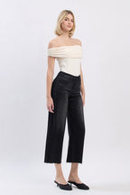 VERVET HIGH RISE RAW HEM CROP SLIM WIDE JEANS--BLACK