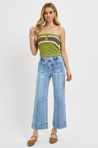 HIGH RISE CROP WIDE JEANS W/ PINTUCK AND PATCH POCKET DETAIL--LIGHT WASH