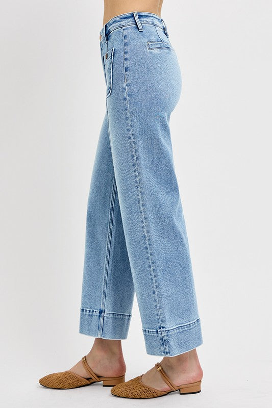 HIGH RISE CROP WIDE JEANS W/ PINTUCK AND PATCH POCKET DETAIL--LIGHT WASH