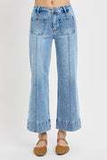 HIGH RISE CROP WIDE JEANS W/ PINTUCK AND PATCH POCKET DETAIL--LIGHT WASH