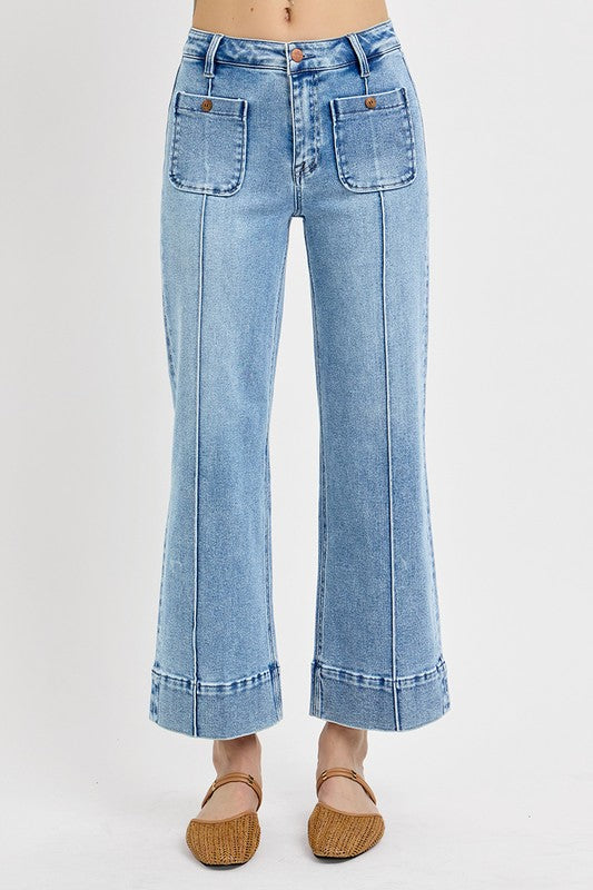 HIGH RISE CROP WIDE JEANS W/ PINTUCK AND PATCH POCKET DETAIL--LIGHT WASH