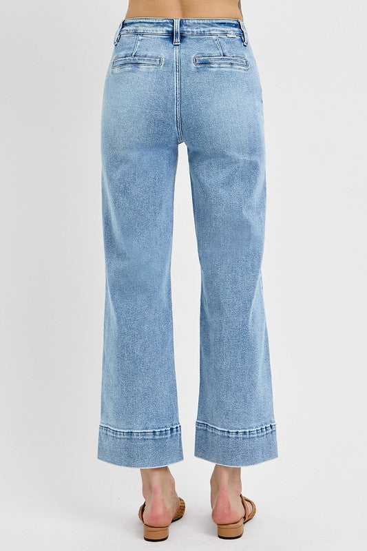 HIGH RISE CROP WIDE JEANS W/ PINTUCK AND PATCH POCKET DETAIL--LIGHT WASH