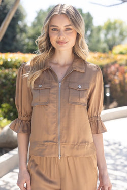 ZIP UP POCKET SATIN JACKET--TAUPE