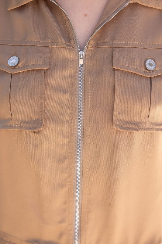ZIP UP POCKET SATIN JACKET--TAUPE