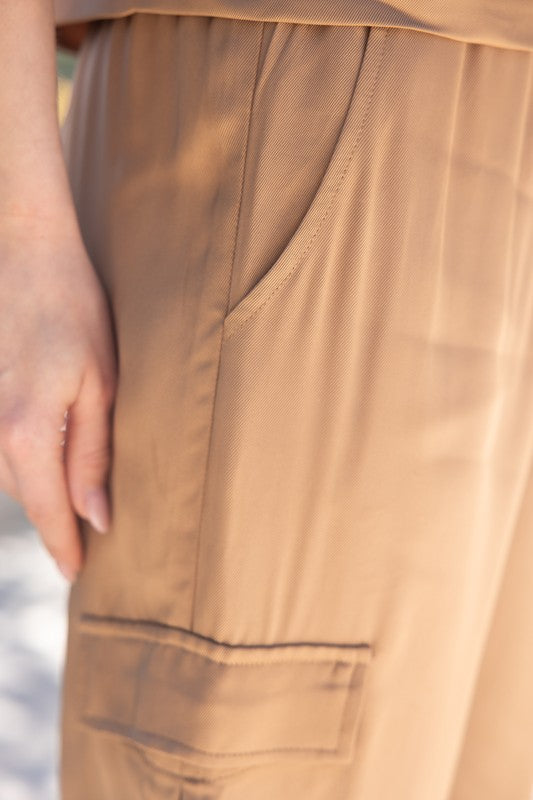 BANDED SATIN JOGGER PANTS--TAUPE