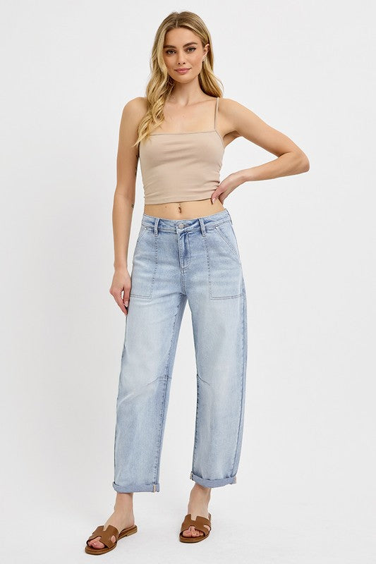 RISEN MID RISE BARREL RELAXED JEANS--LIGHT WASH