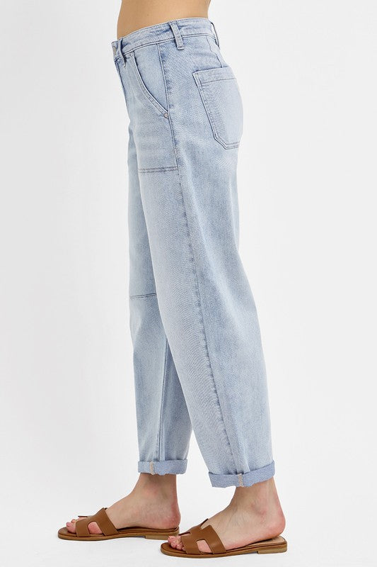 RISEN MID RISE BARREL RELAXED JEANS--LIGHT WASH