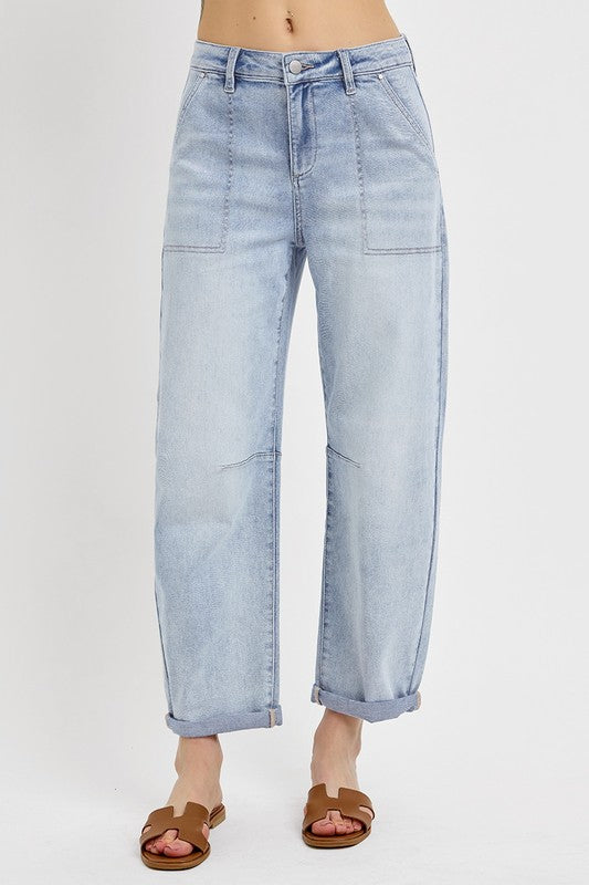 RISEN MID RISE BARREL RELAXED JEANS--LIGHT WASH