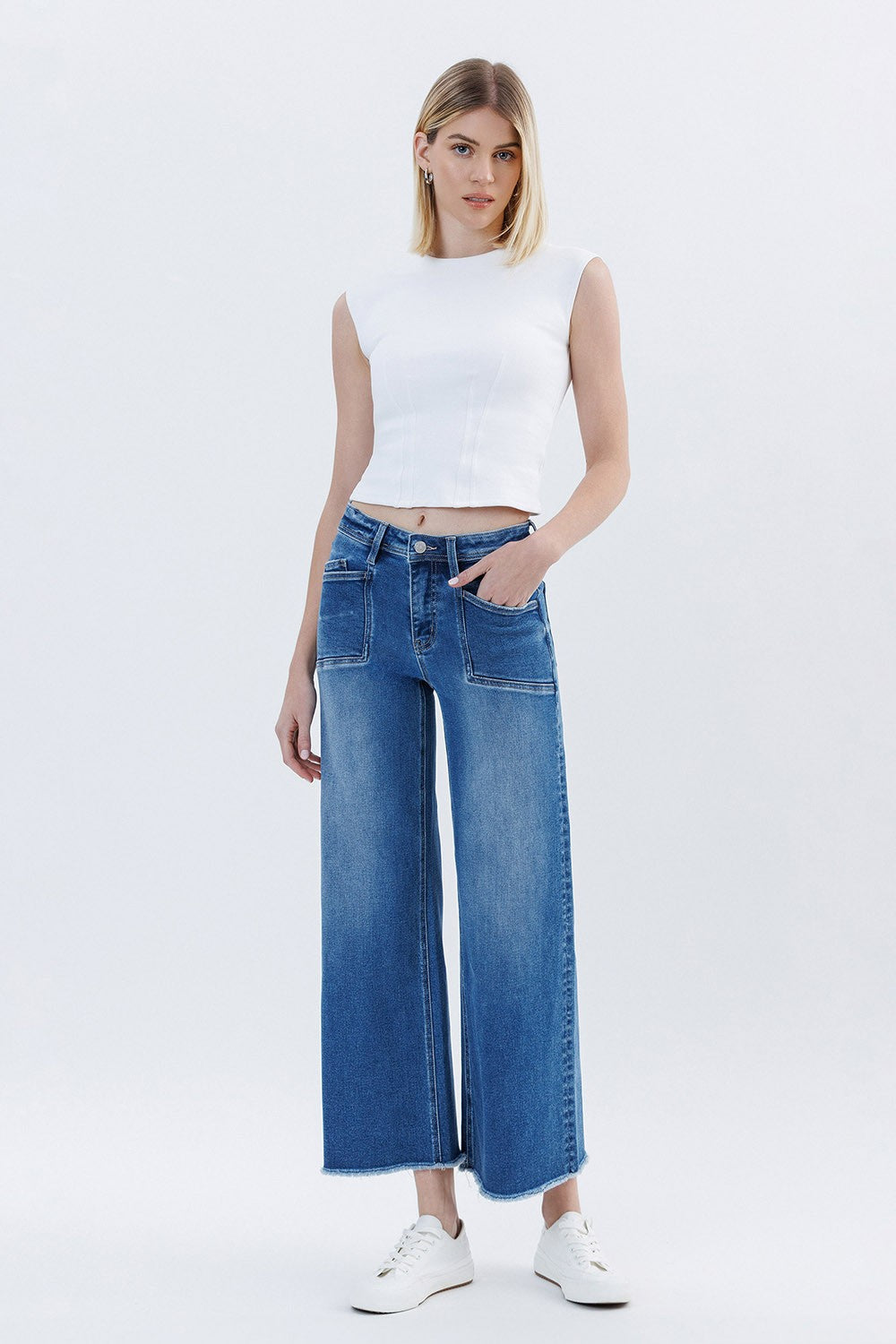 LOVERET HIGH RISE RAW HEM WIDE LEG JEANS