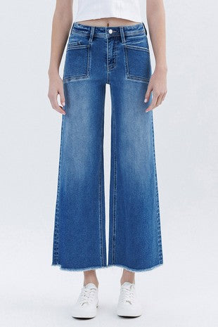 LOVERET HIGH RISE RAW HEM WIDE LEG JEANS