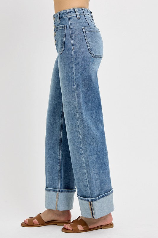 RISEN--HIGH RISE CUFFED ANKLE WIDE BUTTON DOWN FRONT PATCH POCKET--MEDIUM WASH
