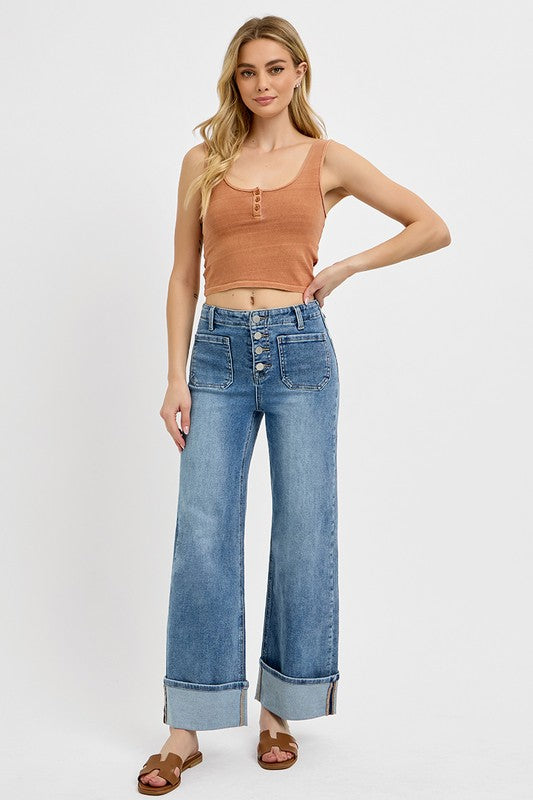RISEN--HIGH RISE CUFFED ANKLE WIDE BUTTON DOWN FRONT PATCH POCKET--MEDIUM WASH
