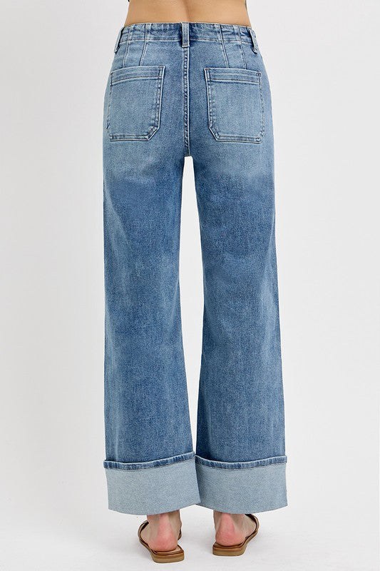 RISEN--HIGH RISE CUFFED ANKLE WIDE BUTTON DOWN FRONT PATCH POCKET--MEDIUM WASH