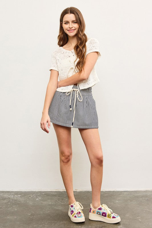 STRIPED WIDE WAISTBAND SKORT--DENIM