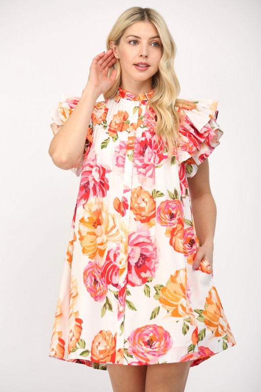 RUFFLE SLEEVE FLORAL DRESS--PINK/ORANGE MIX