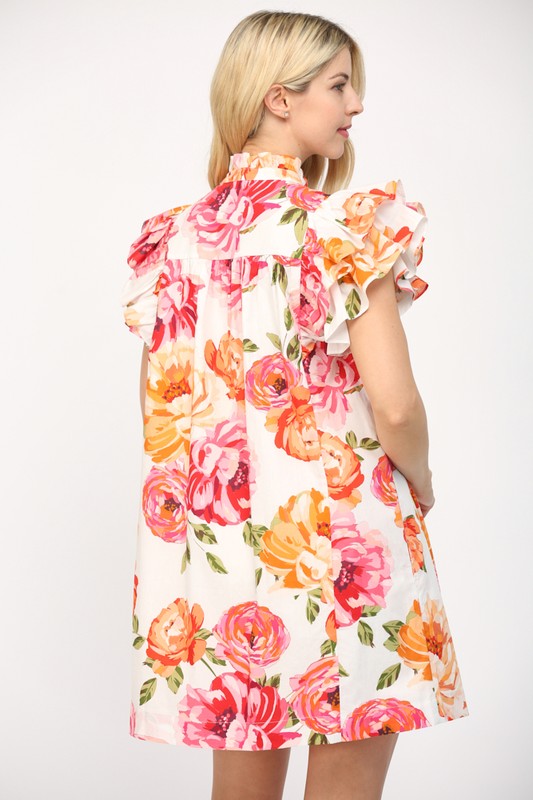 RUFFLE SLEEVE FLORAL DRESS--PINK/ORANGE MIX