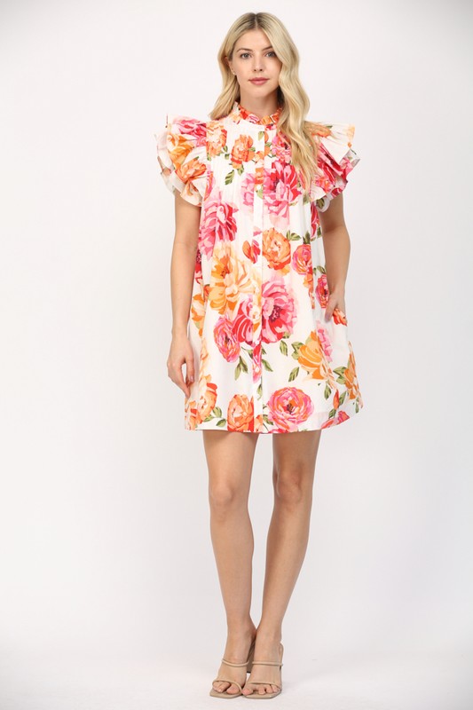 RUFFLE SLEEVE FLORAL DRESS--PINK/ORANGE MIX