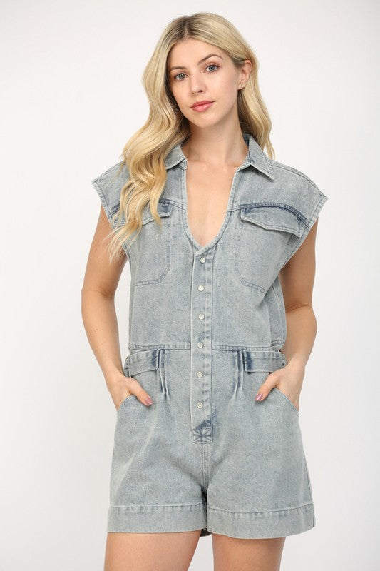 V-NECK BUTTON DOWN DENIM ROMPER--LIGHT