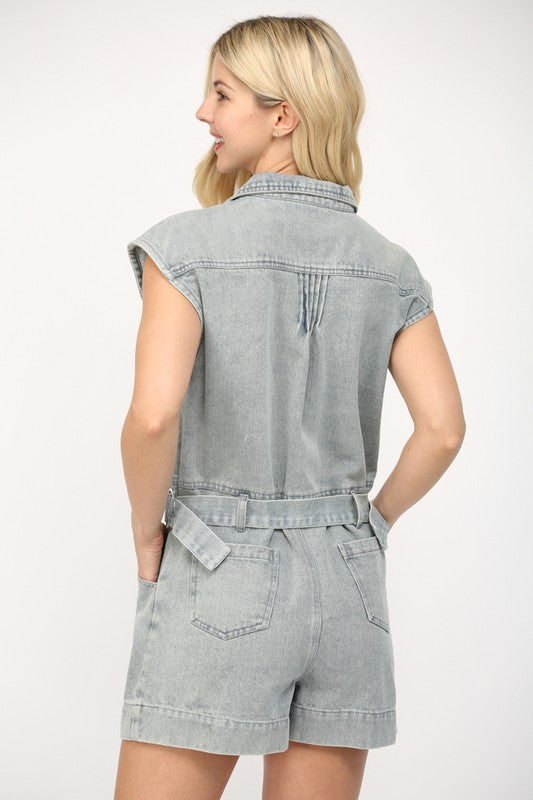 V-NECK BUTTON DOWN DENIM ROMPER--LIGHT
