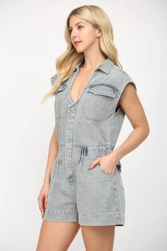 V-NECK BUTTON DOWN DENIM ROMPER--LIGHT