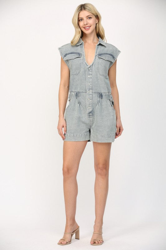 V-NECK BUTTON DOWN DENIM ROMPER--LIGHT