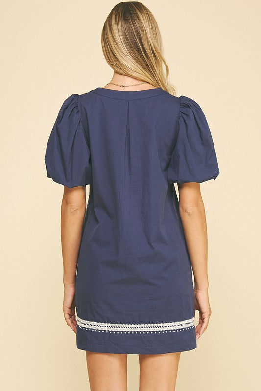 EMBROIDERED DETAIL DRESS--NAVY