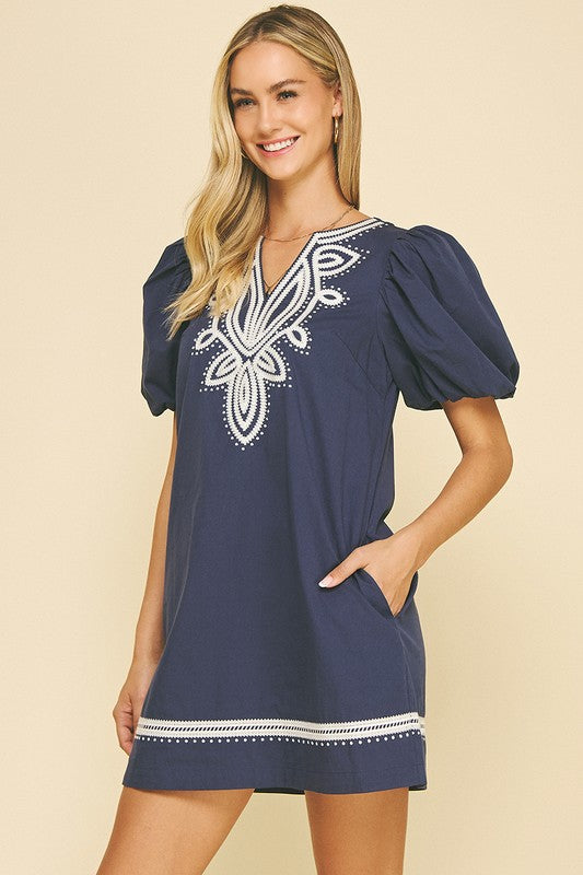 EMBROIDERED DETAIL DRESS--NAVY