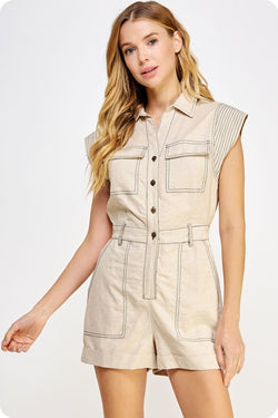 TOP STITCH LINEN ROMPER--TAUPE