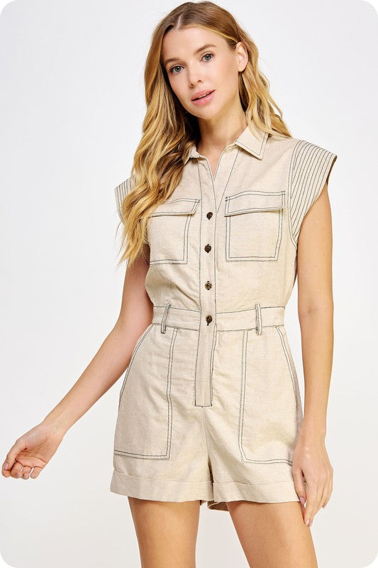 TOP STITCH LINEN ROMPER--TAUPE