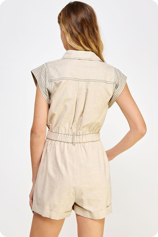 TOP STITCH LINEN ROMPER--TAUPE