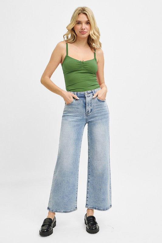RISEN TUMMY CONTROL HIGH RISE CROP WIDE JEANS--LIGHT