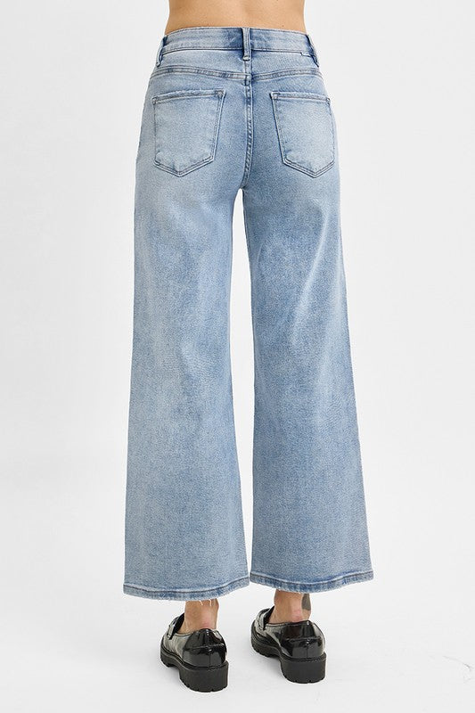 RISEN TUMMY CONTROL HIGH RISE CROP WIDE JEANS--LIGHT