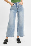 RISEN TUMMY CONTROL HIGH RISE CROP WIDE JEANS--LIGHT