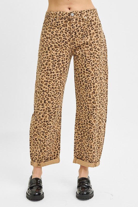 HIGH RISE CROP BARREL CUFFED JEANS--LEOPARD