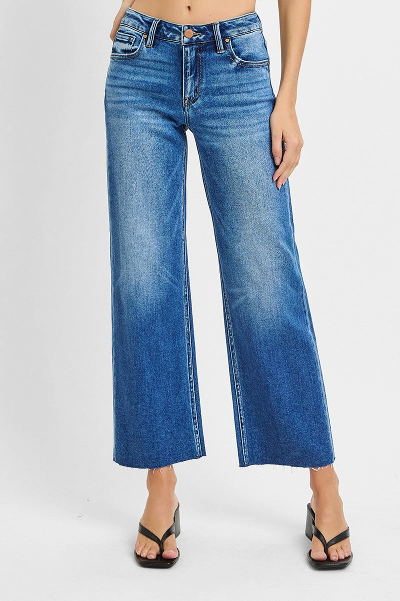 RISEN MID RISE CROP STRAIGHT CLEAN CUT HEM JEANS--MEDIUM WASH