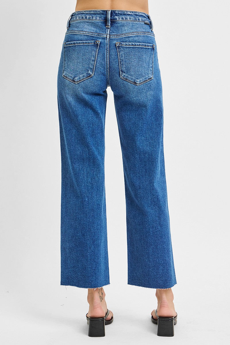 RISEN MID RISE CROP STRAIGHT CLEAN CUT HEM JEANS--MEDIUM WASH