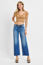 RISEN MID RISE CROP STRAIGHT CLEAN CUT HEM JEANS--MEDIUM WASH