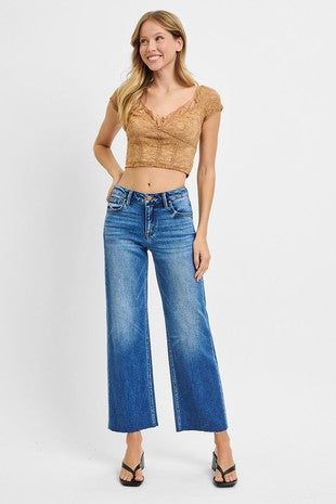 RISEN MID RISE CROP STRAIGHT CLEAN CUT HEM JEANS--MEDIUM WASH