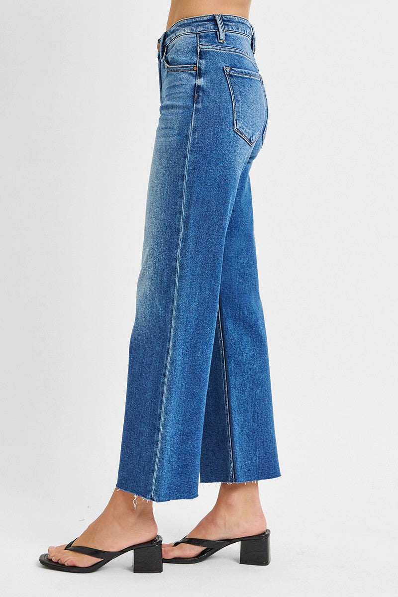 RISEN MID RISE CROP STRAIGHT CLEAN CUT HEM JEANS--MEDIUM WASH