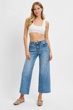RISEN TUMMY CONTROL MID RISE WIDE CROP JEANS--MEDIUM WASH