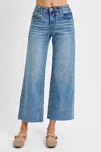 RISEN TUMMY CONTROL MID RISE WIDE CROP JEANS--MEDIUM WASH