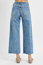 RISEN TUMMY CONTROL MID RISE WIDE CROP JEANS--MEDIUM WASH