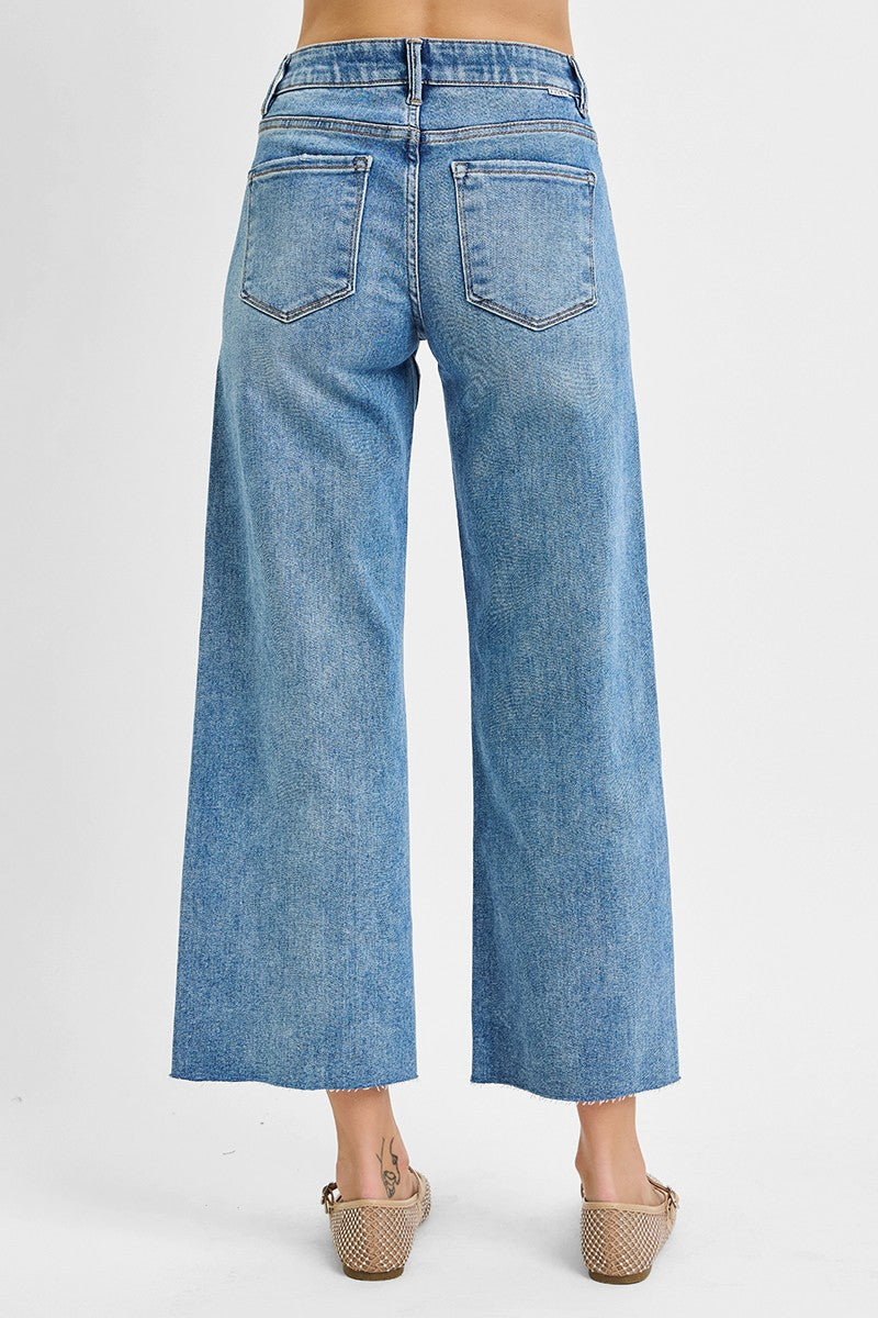 RISEN TUMMY CONTROL MID RISE WIDE CROP JEANS--MEDIUM WASH