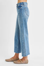 RISEN TUMMY CONTROL MID RISE WIDE CROP JEANS--MEDIUM WASH