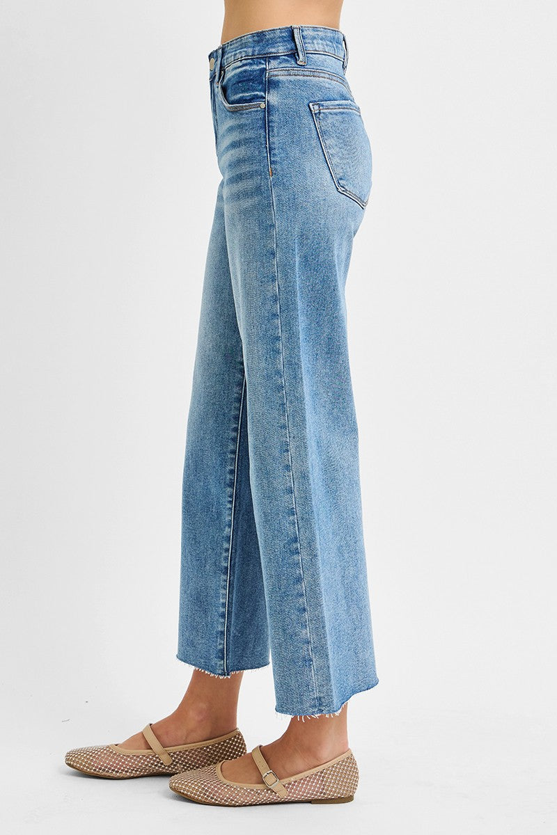RISEN TUMMY CONTROL MID RISE WIDE CROP JEANS--MEDIUM WASH