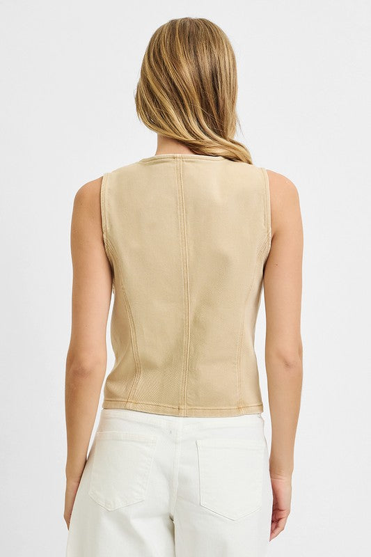 RISEN BUTTON DOWN VEST--LATTE