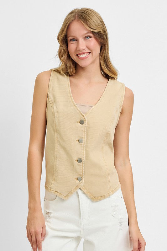 RISEN BUTTON DOWN VEST--LATTE