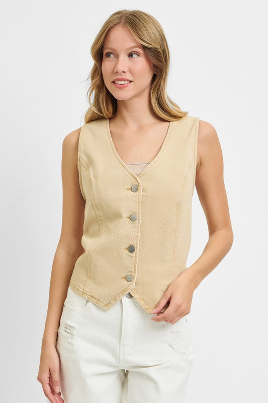 RISEN BUTTON DOWN VEST--LATTE