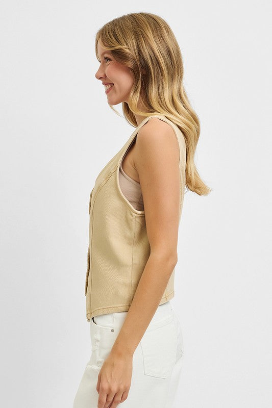 RISEN BUTTON DOWN VEST--LATTE